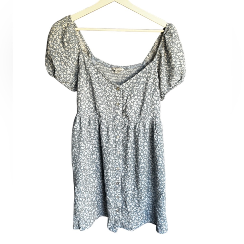 American eagle cute coquette aesthetic floral blue, white buttoned mini dress
